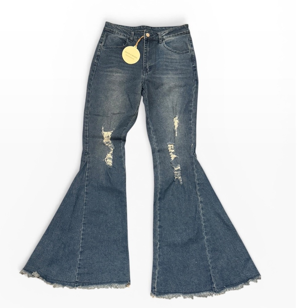 NWT Saints‎ & Hearts Flare Bell Bottoms Distressed Jeans High Waist Large Long